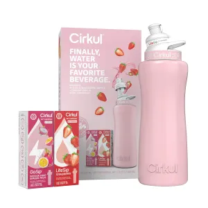 Cirkul 32oz. Blush Pink Stainless Steel Water Bottle Starter Kit with Pink Lid and 2 Flavor Cartridges (1 LifeSip Strawberry, 1 GoSip Passion Fruit Dragon Fruit) Zero Calories and No Sugar
