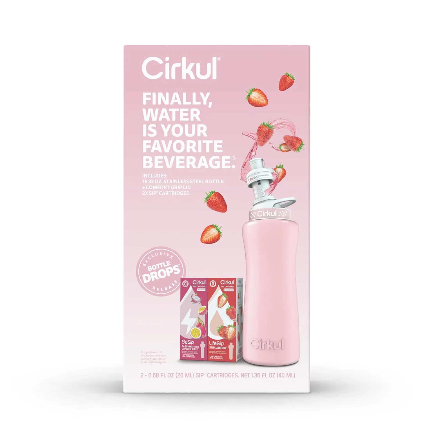Cirkul 32oz. Blush Pink Stainless Steel Water Bottle Starter Kit with Pink Lid and 2 Flavor Cartridges (1 LifeSip Strawberry, 1 GoSip Passion Fruit Dragon Fruit) Zero Calories and No Sugar