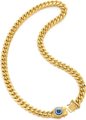 COOLSTEELANDBEYOND Protection Evil Eye Necklace, Mens Women Steel Gold Color Curb Chain Miami Cuban Chain with Cubic Zirconia