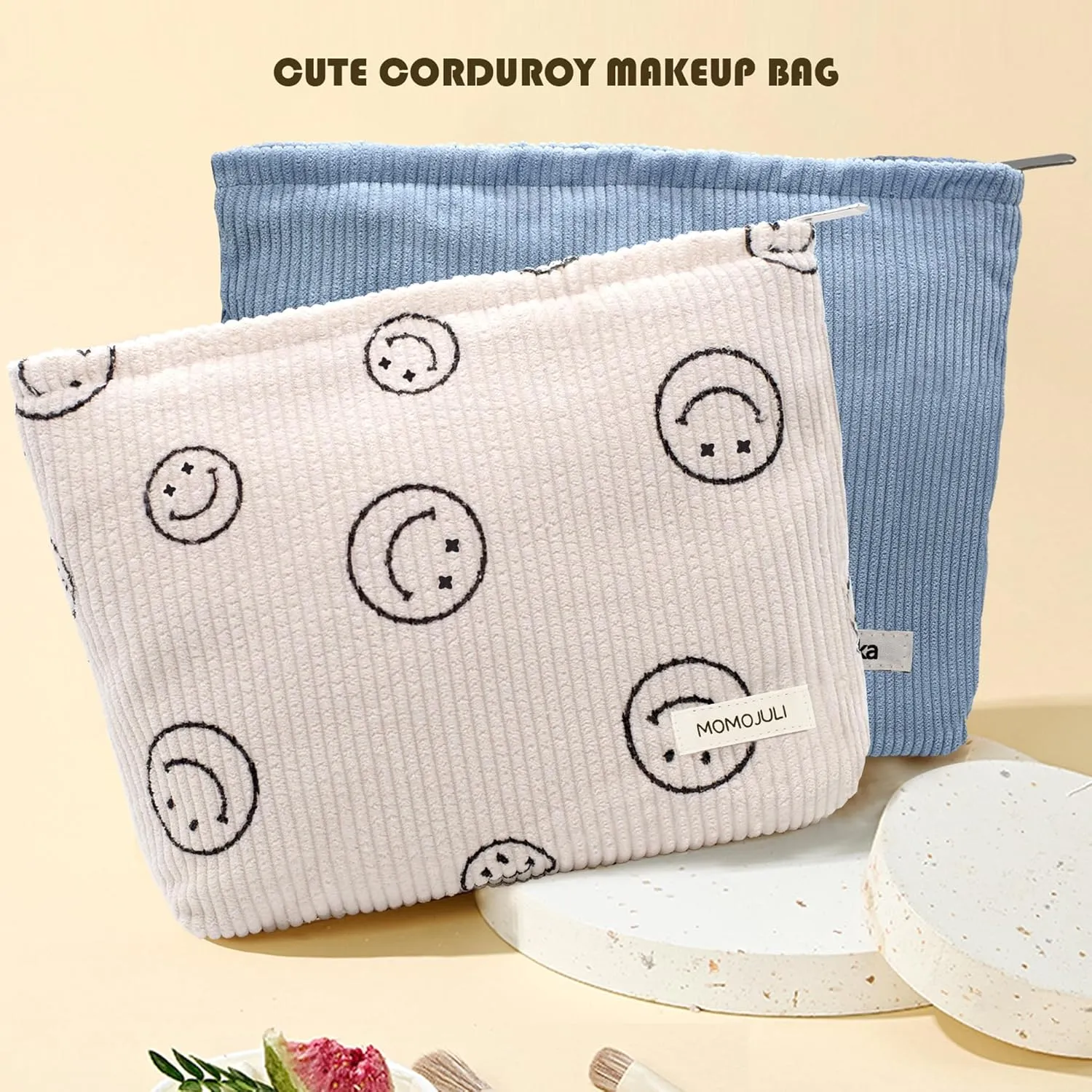 Corduroy Makeup Bag Cosmestic Bag Large Capacity Ladies Women Aesthetic Make Up Organizer Accessories Zipper Pouch Purse （Beige Bice）