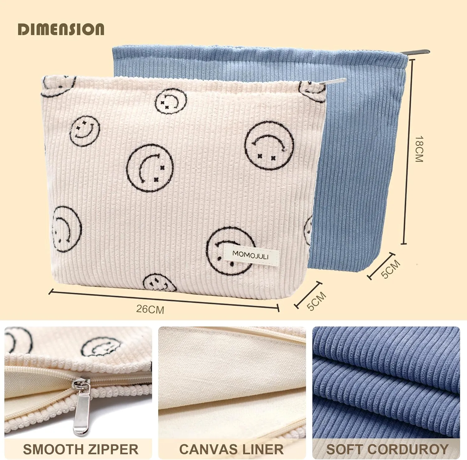 Corduroy Makeup Bag Cosmestic Bag Large Capacity Ladies Women Aesthetic Make Up Organizer Accessories Zipper Pouch Purse （Beige Bice）