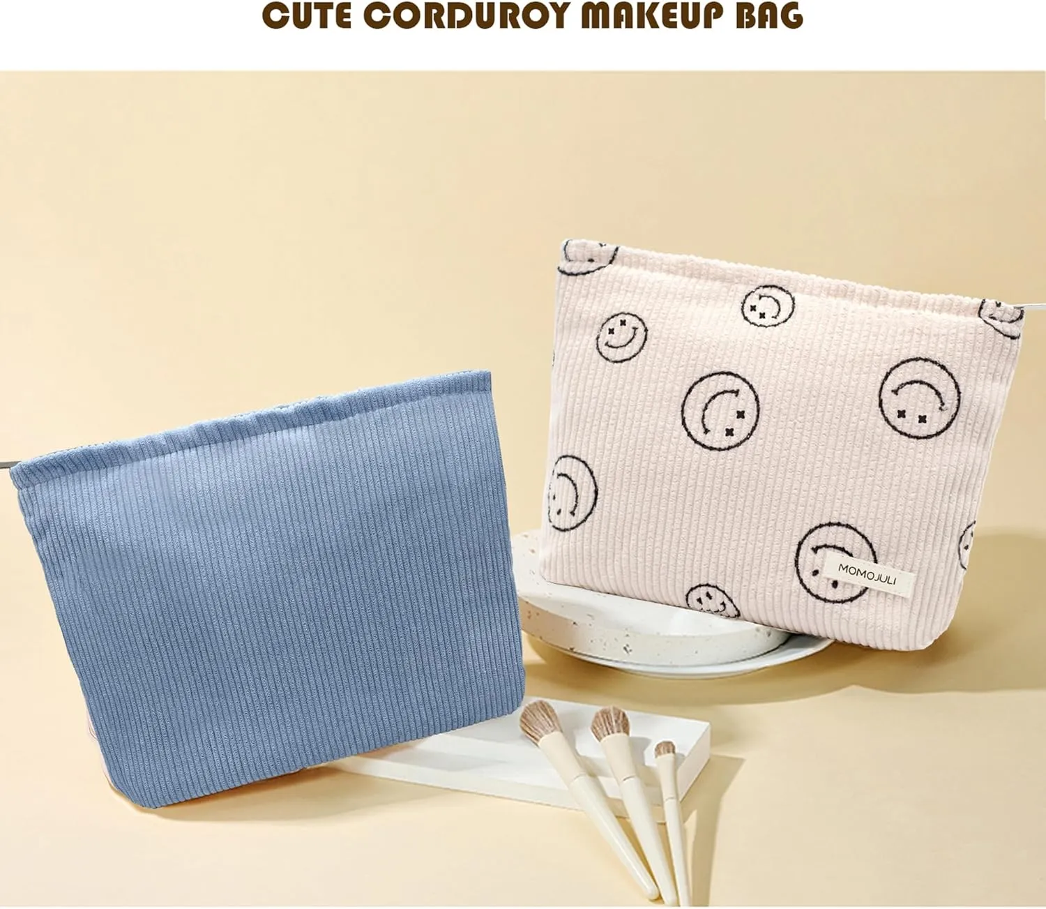 Corduroy Makeup Bag Cosmestic Bag Large Capacity Ladies Women Aesthetic Make Up Organizer Accessories Zipper Pouch Purse （Beige Bice）