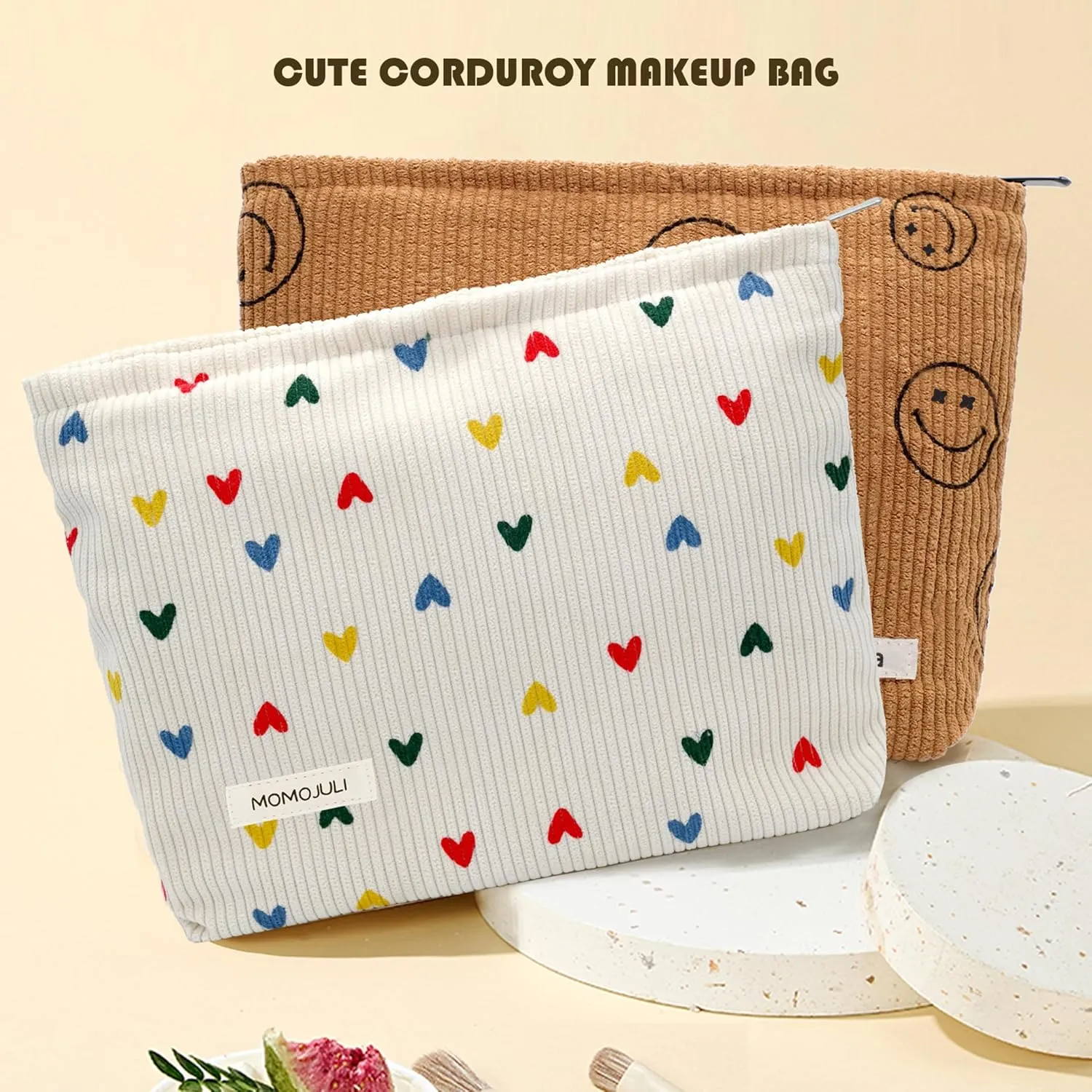 Corduroy Makeup Bag Cosmestic Bag Large Capacity Ladies Women Aesthetic Make Up Organizer Accessories Zipper Pouch Purse Beige Heart Brown