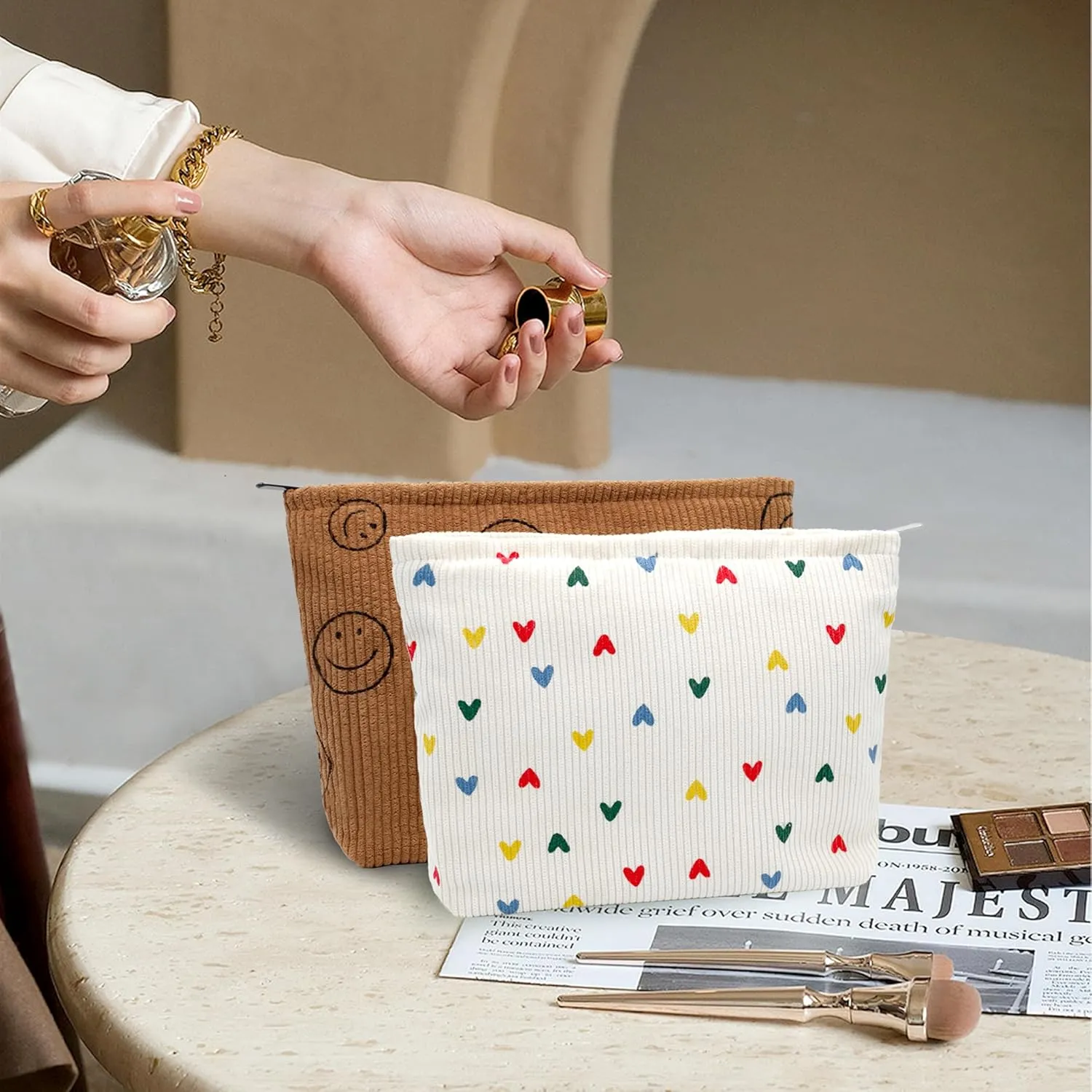 Corduroy Makeup Bag Cosmestic Bag Large Capacity Ladies Women Aesthetic Make Up Organizer Accessories Zipper Pouch Purse Beige Heart Brown