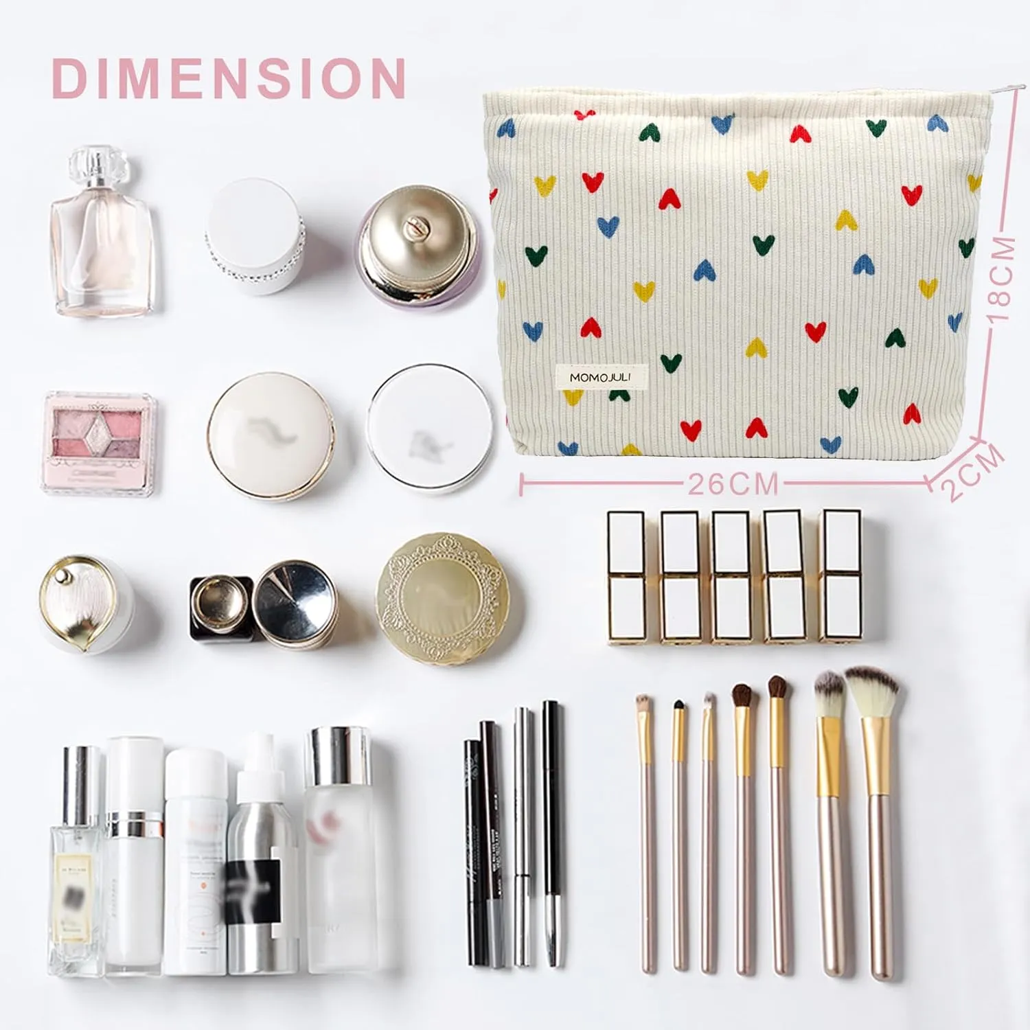 Corduroy Makeup Bag Cosmestic Bag Large Capacity Ladies Women Aesthetic Make Up Organizer Accessories Zipper Pouch Purse Beige Heart Brown