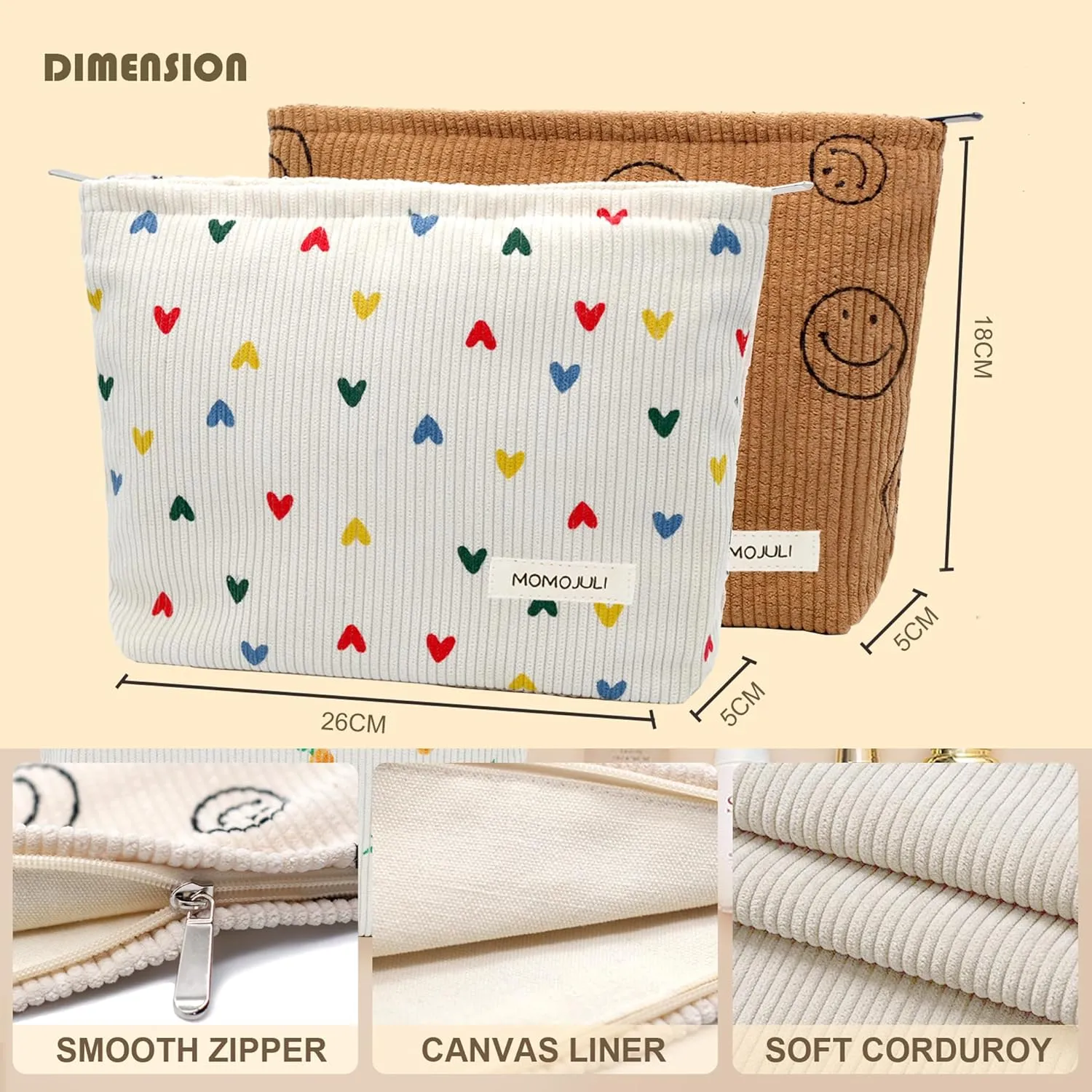 Corduroy Makeup Bag Cosmestic Bag Large Capacity Ladies Women Aesthetic Make Up Organizer Accessories Zipper Pouch Purse Beige Heart Brown