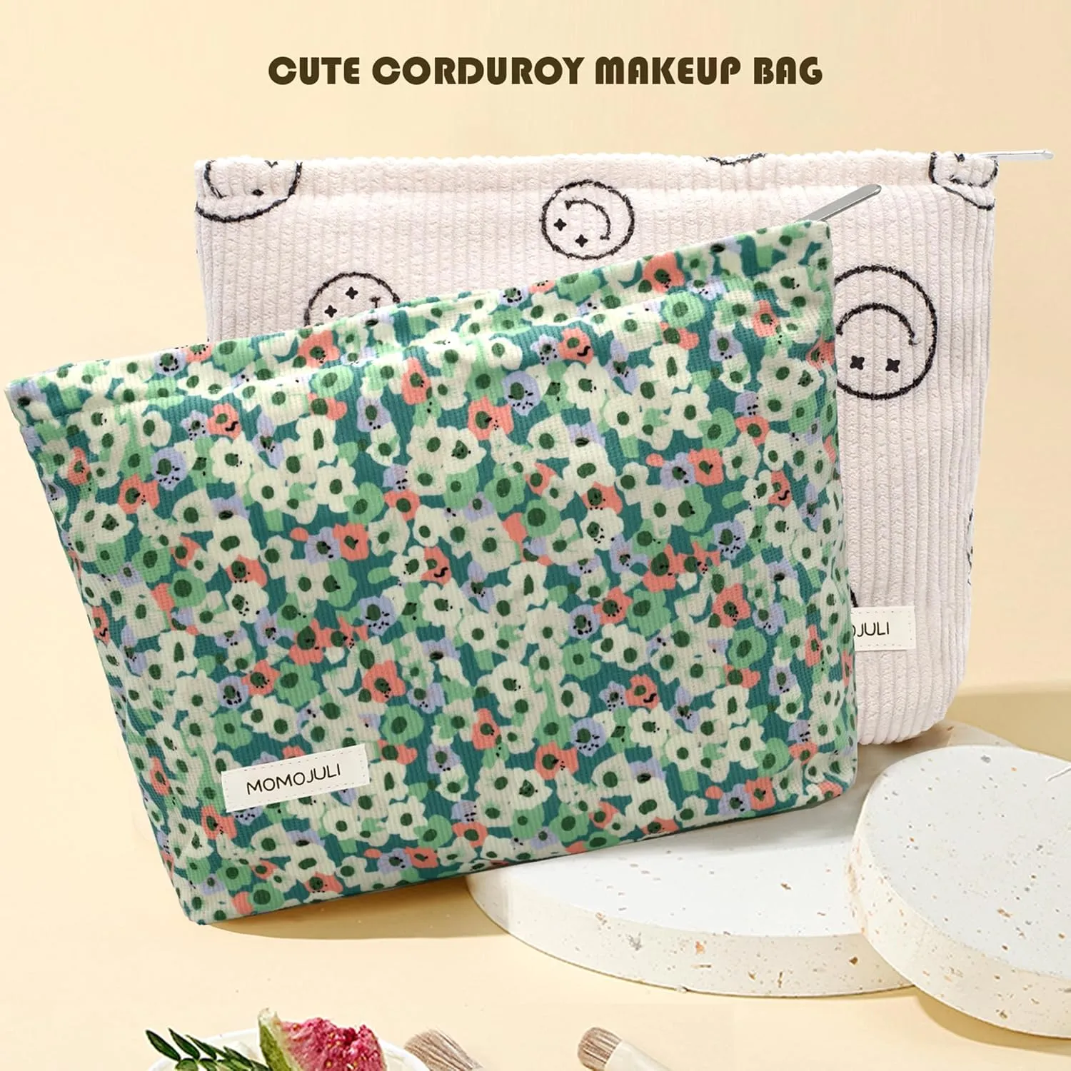 Corduroy Makeup Bag Cosmestic Bag Large Capacity Ladies Women Aesthetic Make Up Organizer Accessories Zipper Pouch Purse Green Flower Beige