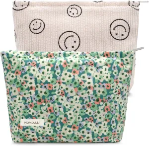 Corduroy Makeup Bag Cosmestic Bag Large Capacity Ladies Women Aesthetic Make Up Organizer Accessories Zipper Pouch Purse Green Flower Beige