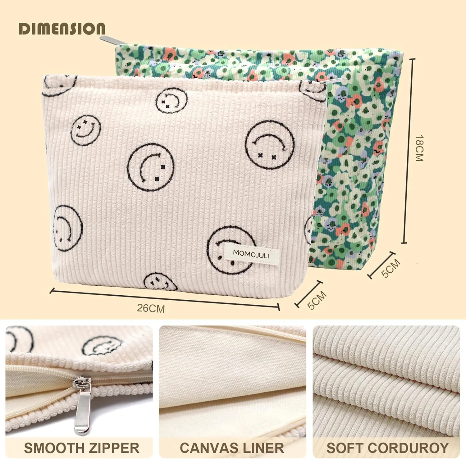 Corduroy Makeup Bag Cosmestic Bag Large Capacity Ladies Women Aesthetic Make Up Organizer Accessories Zipper Pouch Purse Green Flower Beige