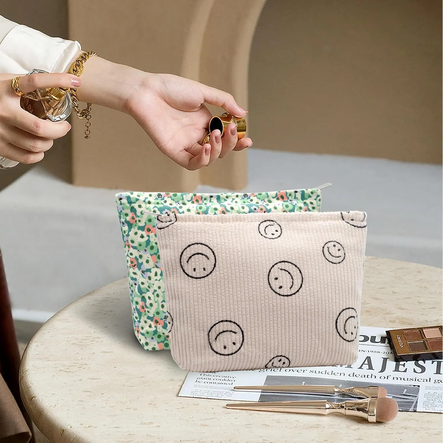 Corduroy Makeup Bag Cosmestic Bag Large Capacity Ladies Women Aesthetic Make Up Organizer Accessories Zipper Pouch Purse Green Flower Beige