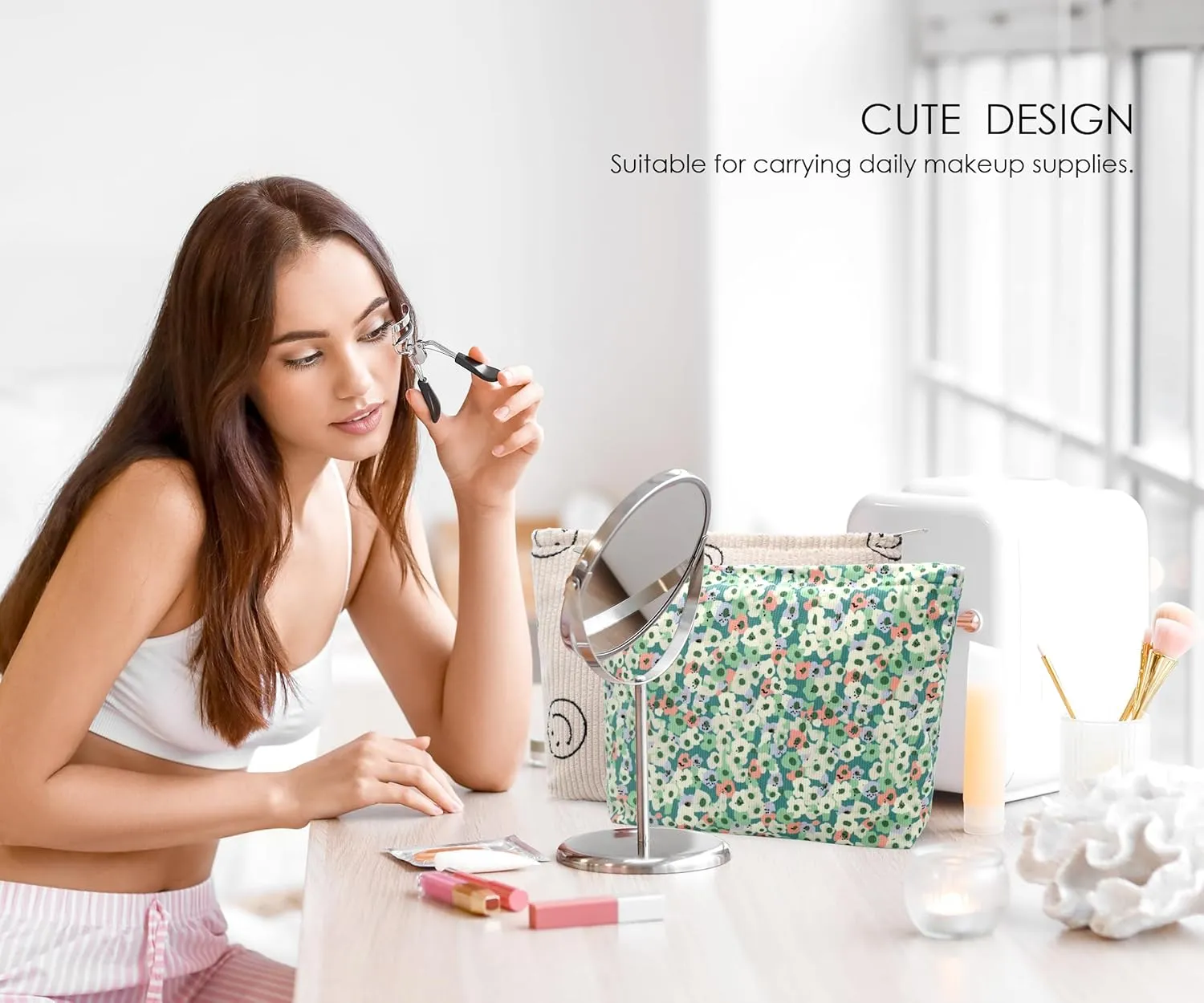 Corduroy Makeup Bag Cosmestic Bag Large Capacity Ladies Women Aesthetic Make Up Organizer Accessories Zipper Pouch Purse Green Flower Beige
