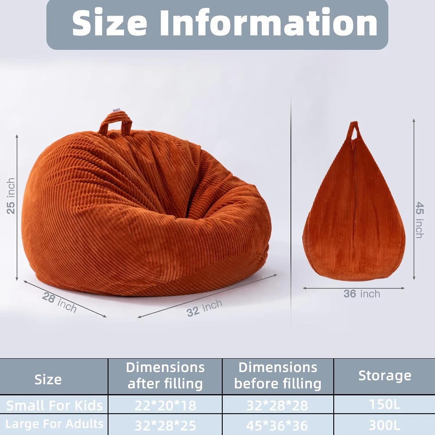 Cozy Pink Corduroy Bean Bag Chair (3ft No Filler) Plush Stuffed Animal Storage Organizer with Removable Washable Cover, Fluffy Floor Couch for Playrooms, Girls Bedrooms & Nursery Decor