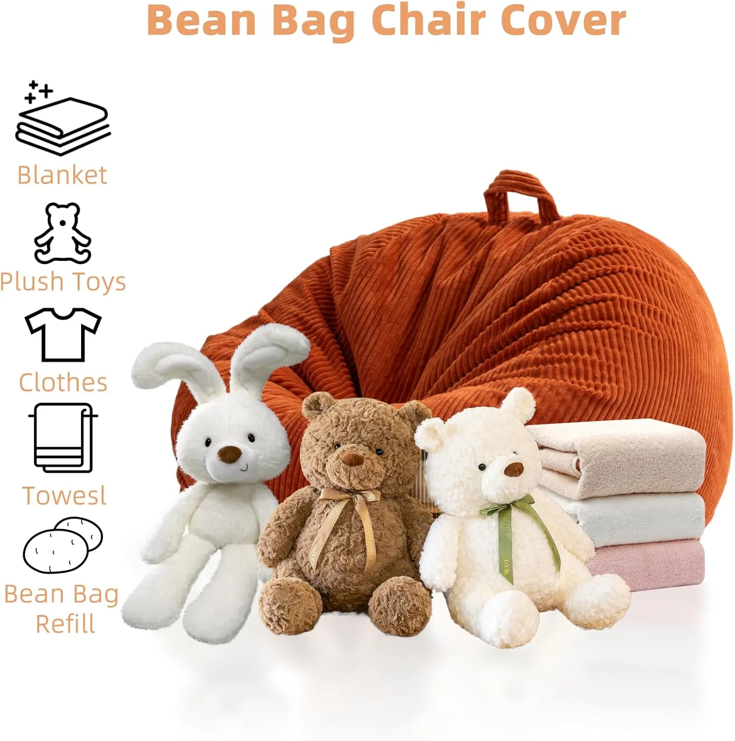 Cozy Pink Corduroy Bean Bag Chair (3ft No Filler) Plush Stuffed Animal Storage Organizer with Removable Washable Cover, Fluffy Floor Couch for Playrooms, Girls Bedrooms & Nursery Decor