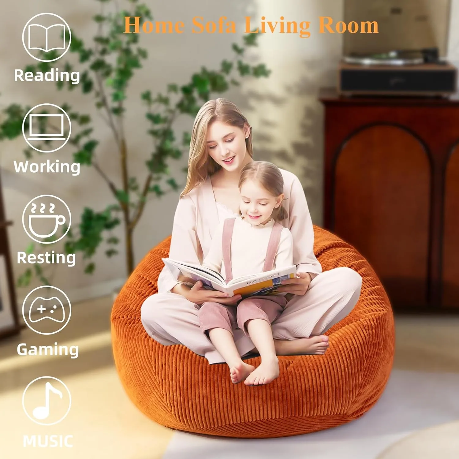 Cozy Pink Corduroy Bean Bag Chair (3ft No Filler) Plush Stuffed Animal Storage Organizer with Removable Washable Cover, Fluffy Floor Couch for Playrooms, Girls Bedrooms & Nursery Decor