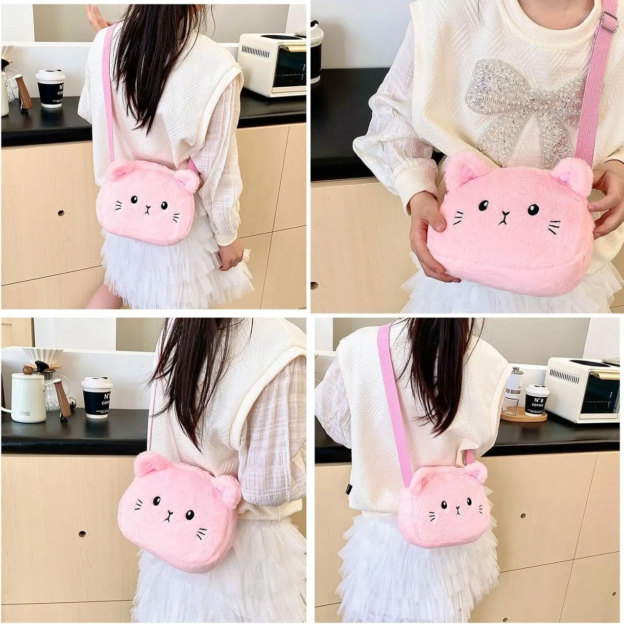 Cute Cat Crossbody Purse Pink Small Fluffy Satchel Shoulder Bag Animal Plush Messenger Bag Kawaii Purse for Women