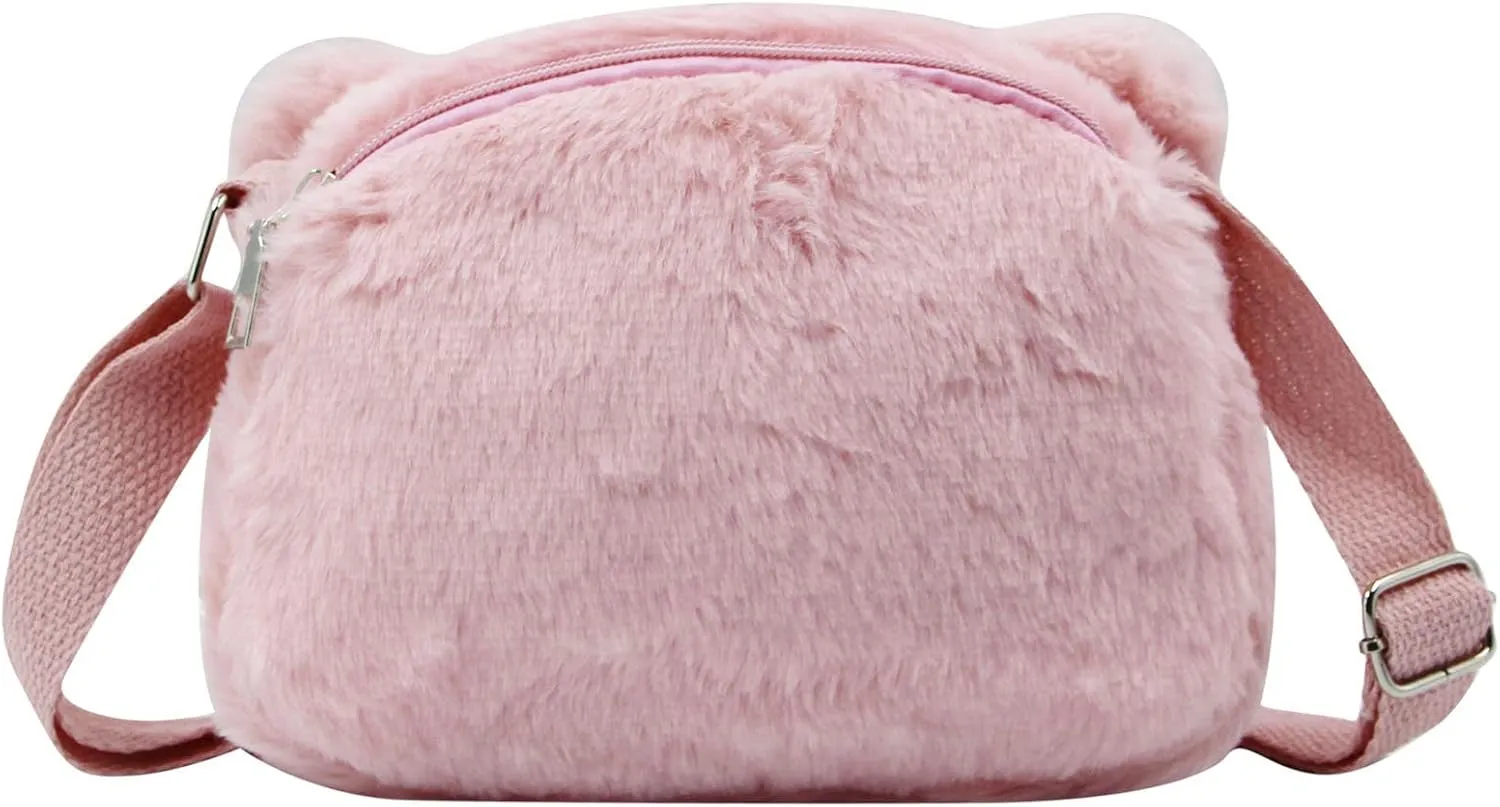 Cute Cat Crossbody Purse Pink Small Fluffy Satchel Shoulder Bag Animal Plush Messenger Bag Kawaii Purse for Women