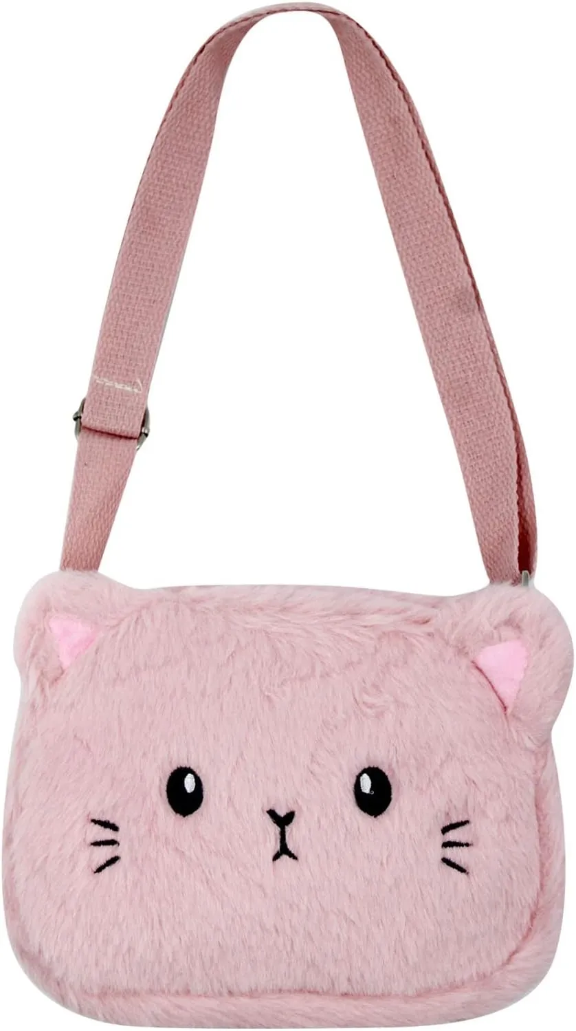 Cute Cat Crossbody Purse Pink Small Fluffy Satchel Shoulder Bag Animal Plush Messenger Bag Kawaii Purse for Women