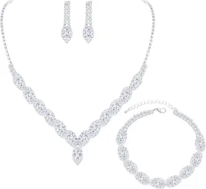 CZ Rhinestone Necklace Earrings Wedding Jewelry Set For Bride Bridesmaid Prom Evening Party Homecoming