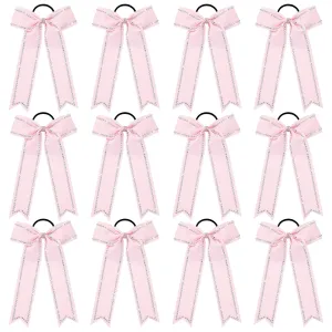 DEEKA Long Tail Rhinestones Cheer Bows 12 PCS Collegiate Style Cheer Bows Full Rhinestone Skinny Cheer Bow Ponytail Holder Handmade Bows for Girls Teens Cheerleader Sports (Light Pink)