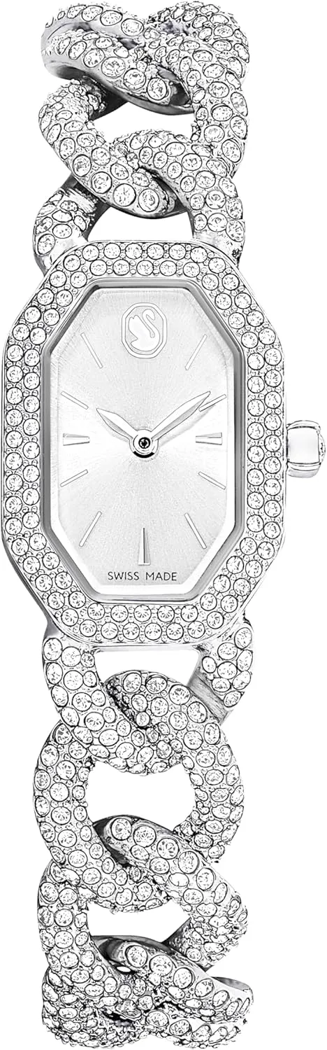 Dextera Chain & Crystal Watch, Interlocking Stainless Steel with Pave Crystal Bracelet Band, Octagon Shaped Oval Face with Embellished Crystals, Swiss Made, Part of The Dextera Watch Collection