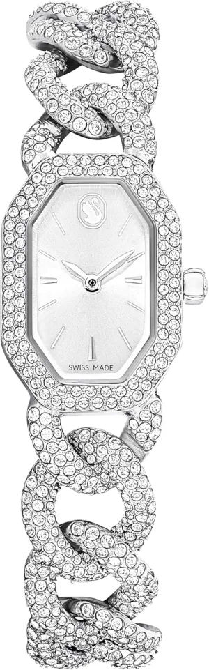 Dextera Chain & Crystal Watch, Interlocking Stainless Steel with Pave Crystal Bracelet Band, Octagon Shaped Oval Face with Embellished Crystals, Swiss Made, Part of The Dextera Watch Collection