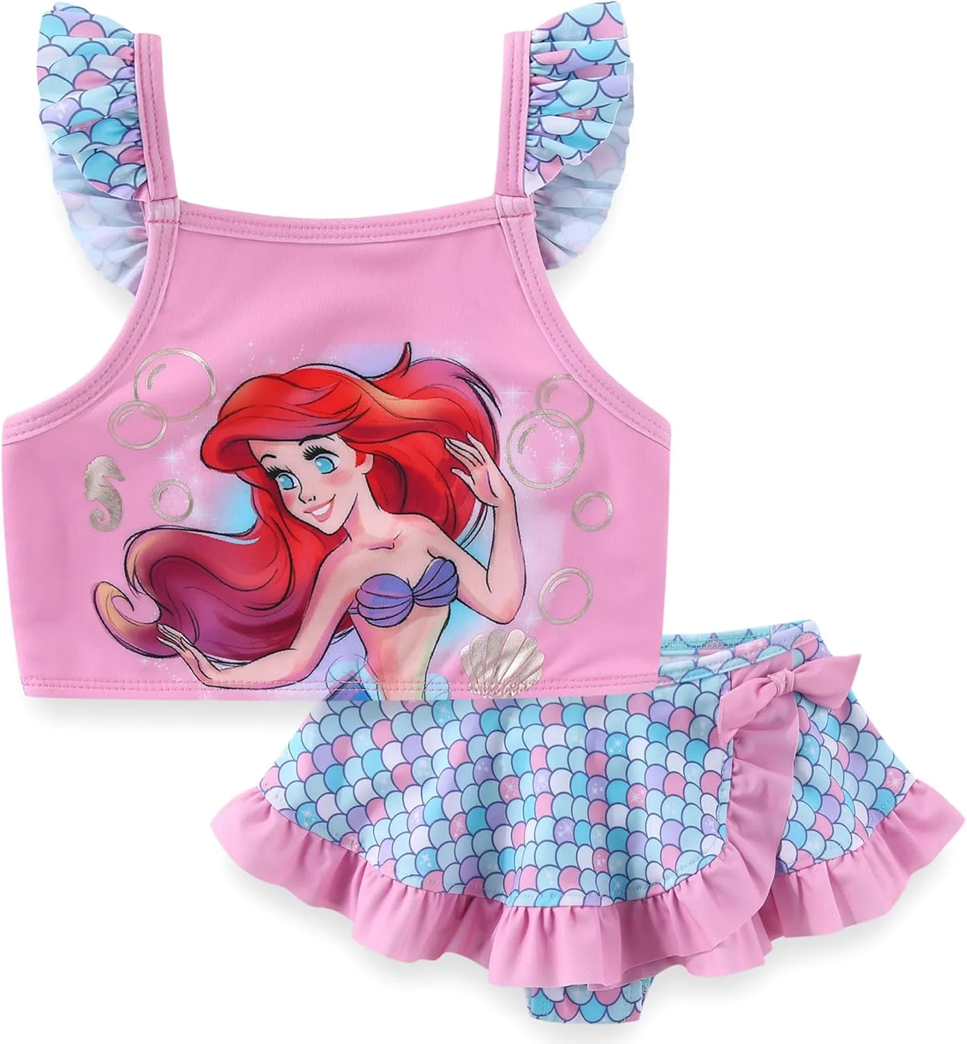 Disney The Little Mermaid Girls UPF 50  Bathing Suit Tankini Top and Bikini Bottom Swimsuit Set for Toddler and Big Kids