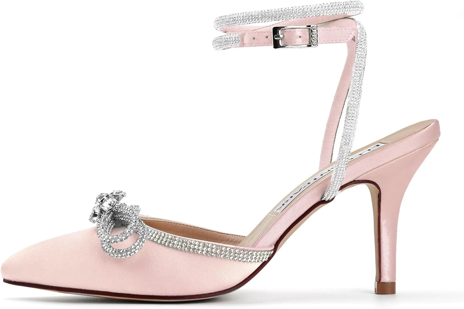 ELEGANTPARK Heels for Women Pointed Closed Toe Shoes Sexy Ankle Strap Rhinestones Bow High Heel Pumps Satin Wedding Evening Prom Dress Shoes