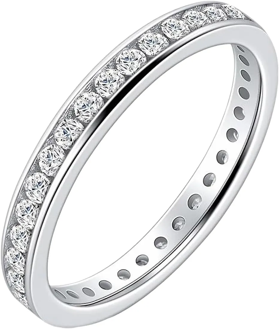 ENDLESSNESS & ETERNITY 3mm Channel Set Full Eternity Round Cut CZ Cubic Zirconia 14K Gold Plated Wedding Band Ring Stackable Ring for Womne and Men