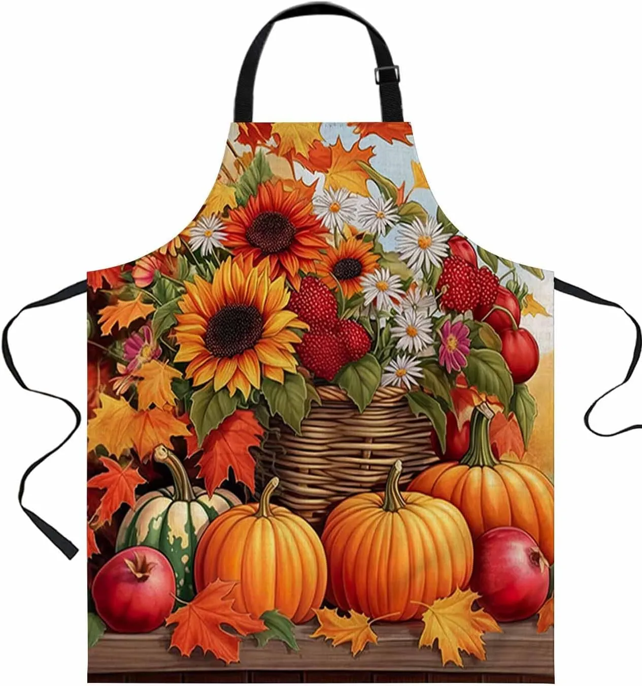 Fall Orange Pumpkins Waterproof Apron With Pockets,Sunflowers Leaves Thanksgiving Fruit Kitchen Chefs Bib Cooking BBQ Grill Bake Adjustable Aprons for Women Home Garden Grooming Painting Gardening