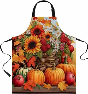 Fall Orange Pumpkins Waterproof Apron With Pockets,Sunflowers Leaves Thanksgiving Fruit Kitchen Chefs Bib Cooking BBQ Grill Bake Adjustable Aprons for Women Home Garden Grooming Painting Gardening