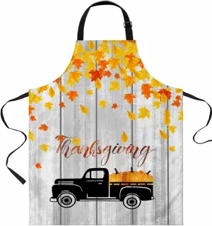Fall Truck Pumpkin Waterproof Apron With Pockets,Orange Maple Leaves Thanksgiving Wooden Kitchen Chefs Bib Cooking BBQ Grill Bake Adjustable Aprons for Women Home Garden Grooming Painting Gardening