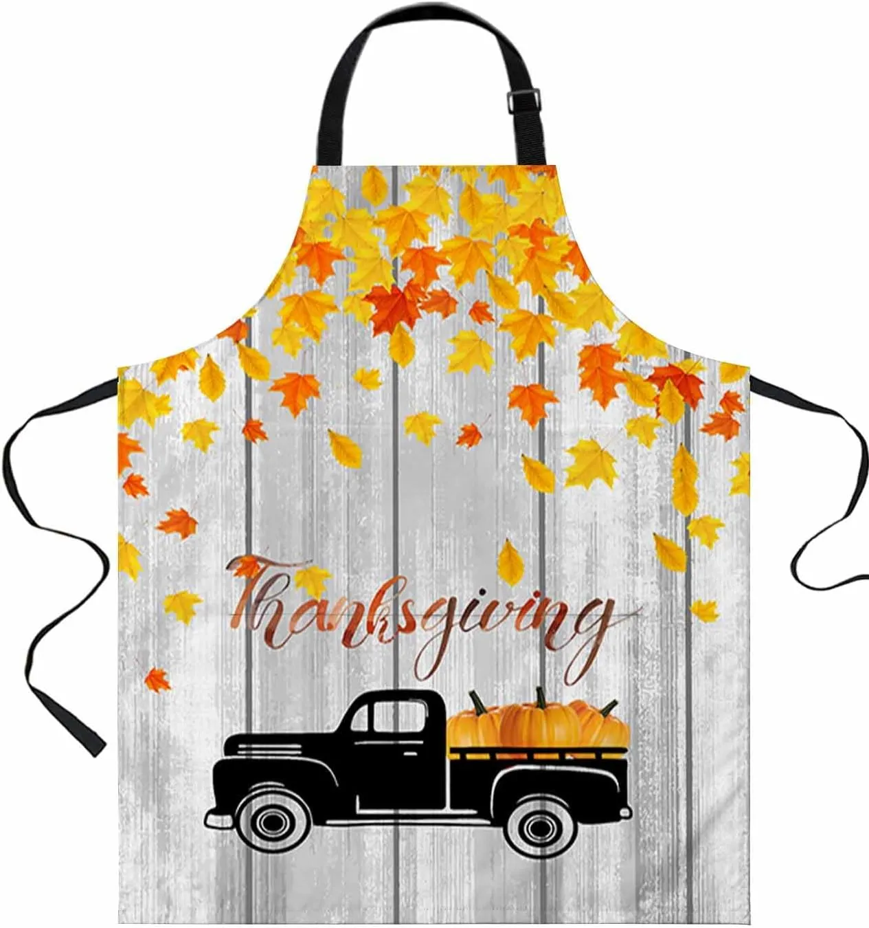 Fall Truck Pumpkin Waterproof Apron With Pockets,Orange Maple Leaves Thanksgiving Wooden Kitchen Chefs Bib Cooking BBQ Grill Bake Adjustable Aprons for Women Home Garden Grooming Painting Gardening