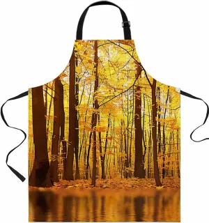 Fall Yellow Forest Waterproof Apron With Pockets,Abstract Autumn Pine Tree Natural Landscape Kitchen Chefs Bib Cooking BBQ Grill Bake Adjustable Aprons for Women Garden Grooming Painting Gardening