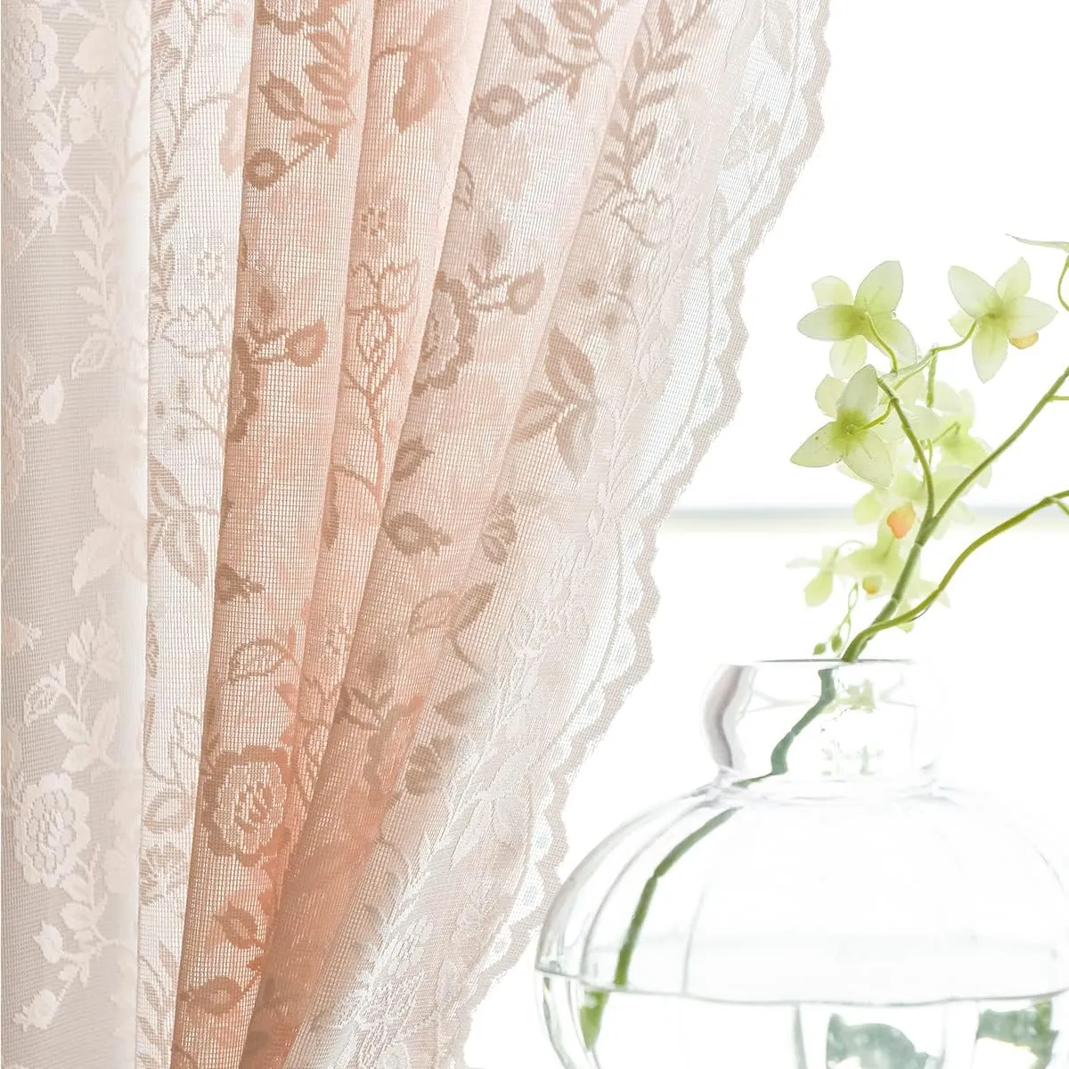 FINECITY Blush Lace Curtains 84 Inch Length - Rustic Country Floral Design Lace Curtain 2 Panels Set for Girls Bedroom, Privacy Scalloped Vintage Lace Window Curtains, 52 x 84 Inch, Blush Pink