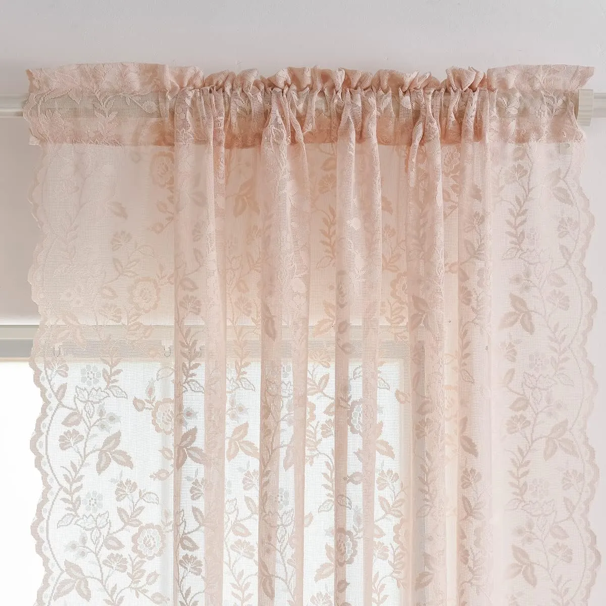 FINECITY Blush Lace Curtains 84 Inch Length - Rustic Country Floral Design Lace Curtain 2 Panels Set for Girls Bedroom, Privacy Scalloped Vintage Lace Window Curtains, 52 x 84 Inch, Blush Pink