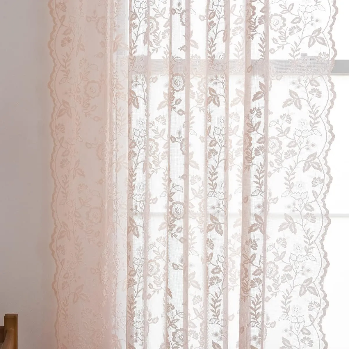 FINECITY Blush Lace Curtains 84 Inch Length - Rustic Country Floral Design Lace Curtain 2 Panels Set for Girls Bedroom, Privacy Scalloped Vintage Lace Window Curtains, 52 x 84 Inch, Blush Pink