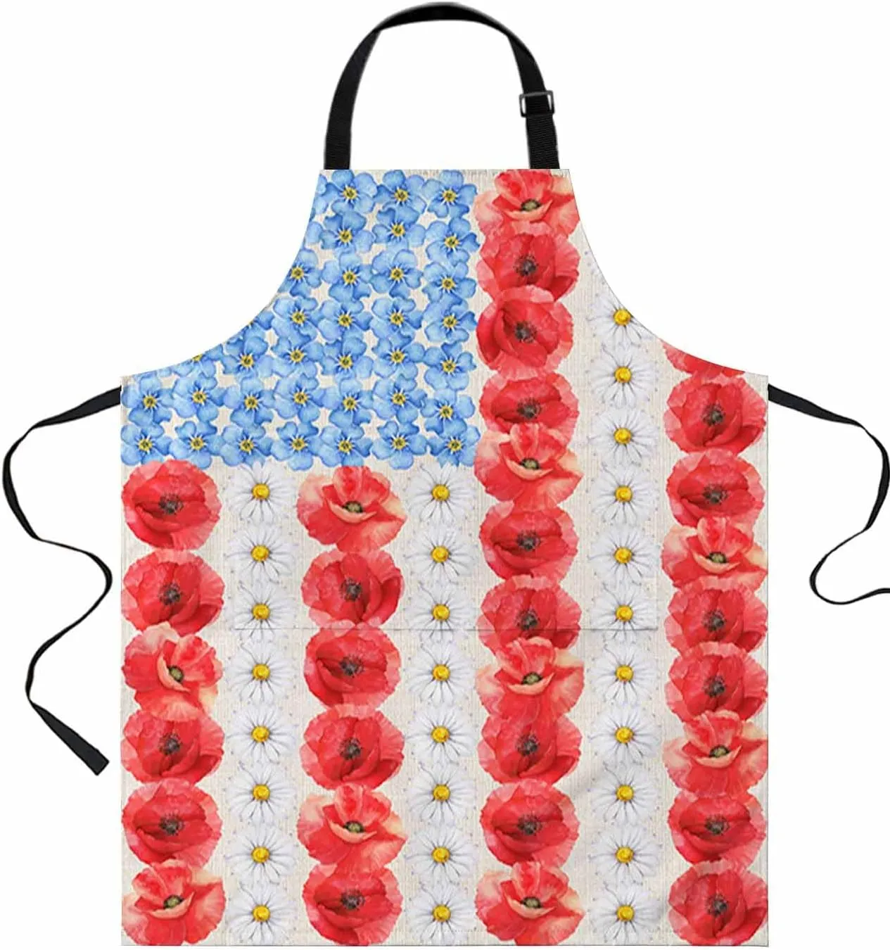 Floral Waterproof Apron With Pockets,Red Blue White Daisy Spring Summer Vintage Flower Kitchen Chefs Bib Cooking BBQ Grill Bake Adjustable Aprons for Women/Kids Home Garden Grooming Painting Gardening
