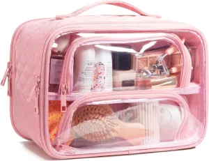 FUNSEED Clear Travel Toiletry Bag for Women, Large Makeup Organizer with Zipper Multiple Compartments for Cosmetic Toiletries (Pink)