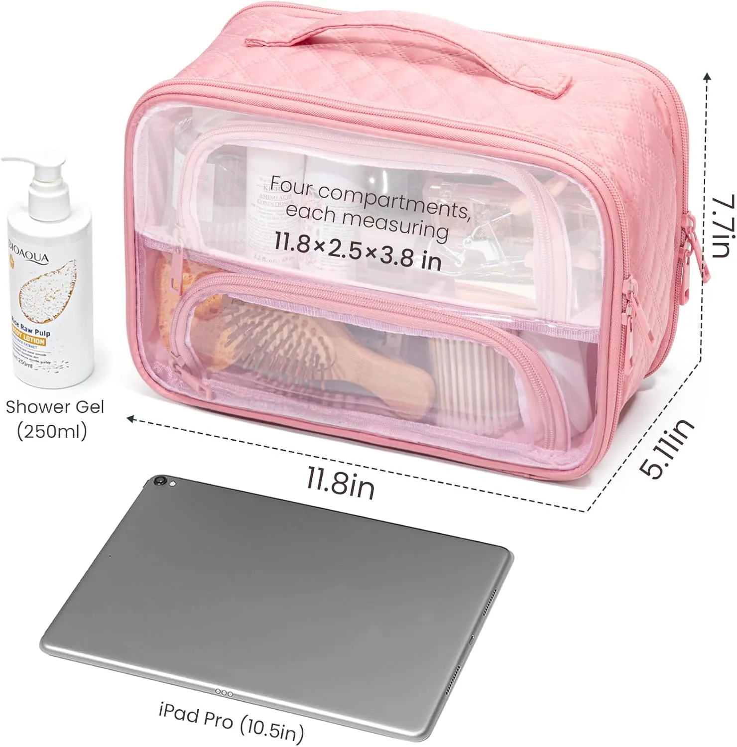 FUNSEED Clear Travel Toiletry Bag for Women, Large Makeup Organizer with Zipper Multiple Compartments for Cosmetic Toiletries (Pink)