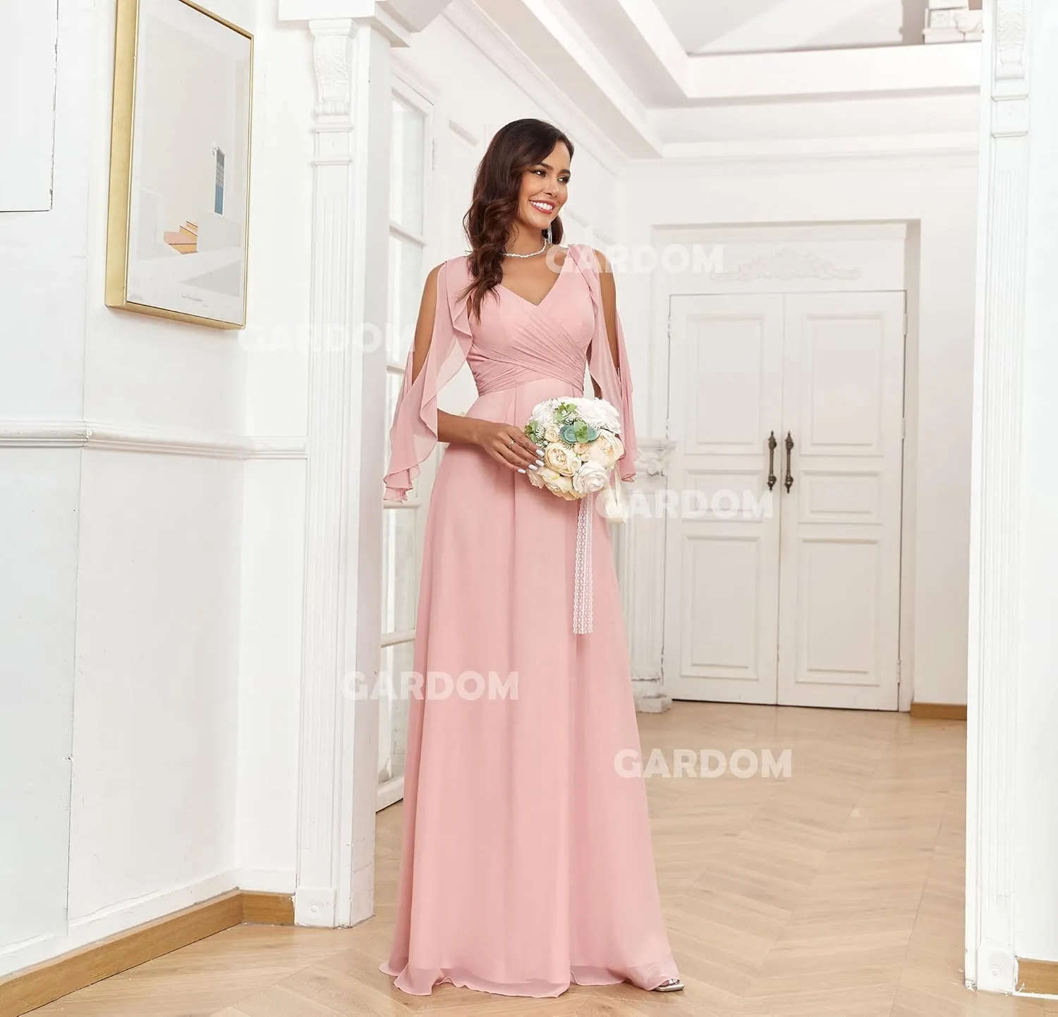 GARDOM Ruffle Sleeve Chiffon Bridesmaid Dresses for Women Cold Shoulder Formal Dress for Wedding 2025 V Neck Evening Gowns