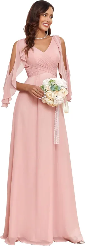 GARDOM Ruffle Sleeve Chiffon Bridesmaid Dresses for Women Cold Shoulder Formal Dress for Wedding 2025 V Neck Evening Gowns