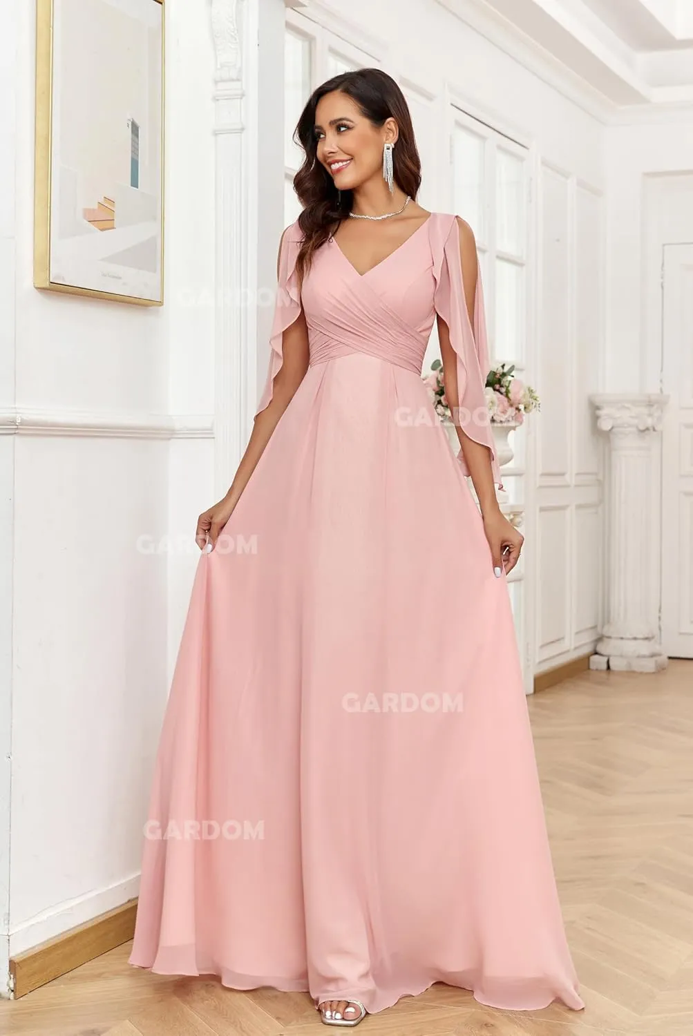 GARDOM Ruffle Sleeve Chiffon Bridesmaid Dresses for Women Cold Shoulder Formal Dress for Wedding 2025 V Neck Evening Gowns