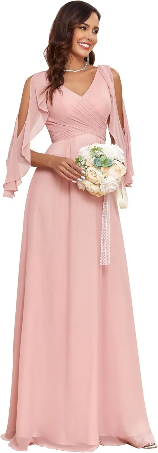 GARDOM Ruffle Sleeve Chiffon Bridesmaid Dresses for Women Cold Shoulder Formal Dress for Wedding 2025 V Neck Evening Gowns