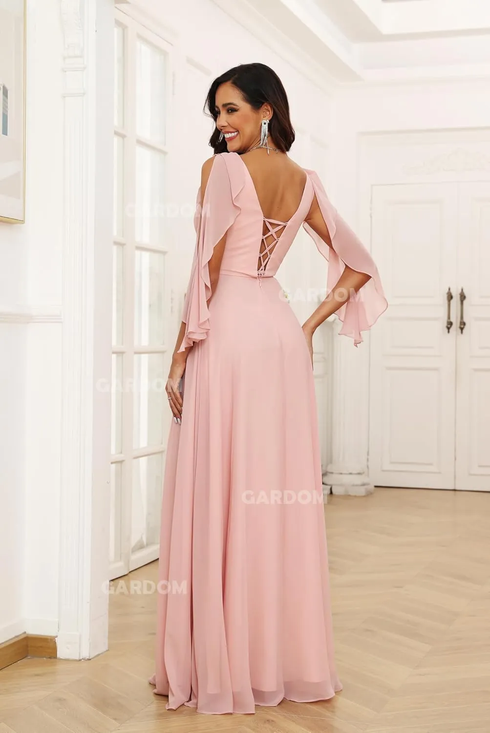GARDOM Ruffle Sleeve Chiffon Bridesmaid Dresses for Women Cold Shoulder Formal Dress for Wedding 2025 V Neck Evening Gowns