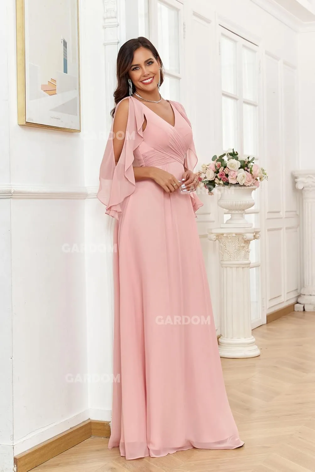 GARDOM Ruffle Sleeve Chiffon Bridesmaid Dresses for Women Cold Shoulder Formal Dress for Wedding 2025 V Neck Evening Gowns