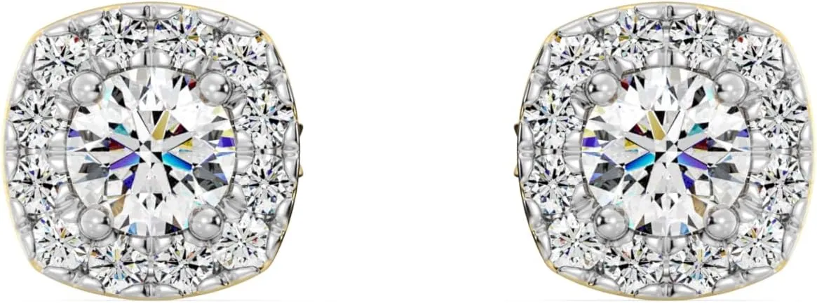 GildedLab-Grown Diamond Cushion Halo Stud Earrings for Women, Round Cut, 4-Prong, Push Back, 925 Sterling Silver or 14 KTGold-Plated, F Color SI1