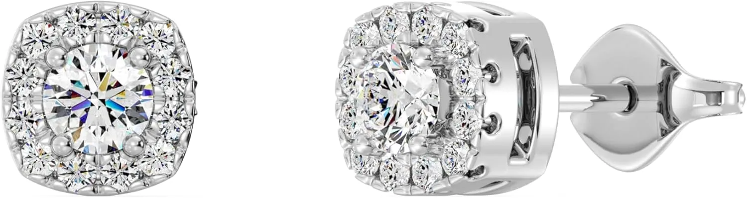 GildedLab-Grown Diamond Cushion Halo Stud Earrings for Women, Round Cut, 4-Prong, Push Back, 925 Sterling Silver or 14 KTGold-Plated, F Color SI1
