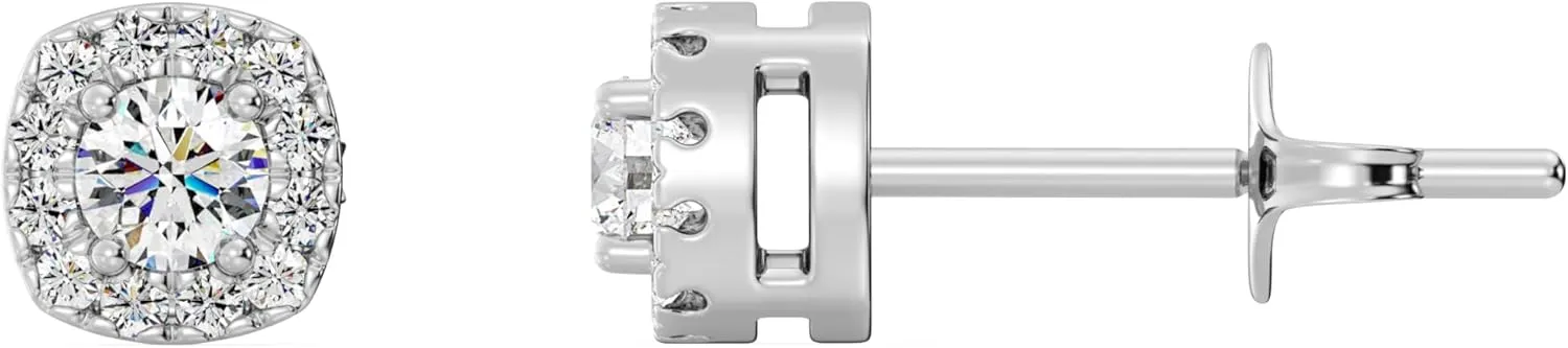 GildedLab-Grown Diamond Cushion Halo Stud Earrings for Women, Round Cut, 4-Prong, Push Back, 925 Sterling Silver or 14 KTGold-Plated, F Color SI1