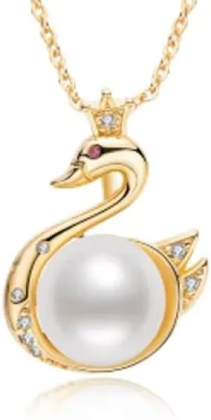 Golden Goose Natural Pearl Necklace with Real 12mm Akoya Cultured Pearl- 14k White Gold/Gold-plated & Lab-grown Diamond