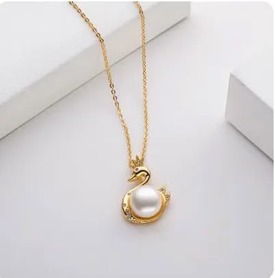 Golden Goose Natural Pearl Necklace with Real 12mm Akoya Cultured Pearl- 14k White Gold/Gold-plated & Lab-grown Diamond